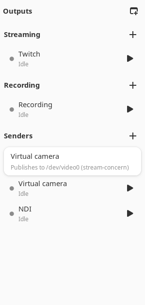 The Outputs column's Senders group with the NDI output row (Linux)