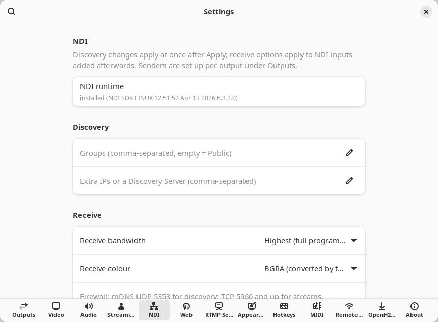 Settings, NDI page: the runtime status line, Groups, Extra IPs and the receive options (Linux)