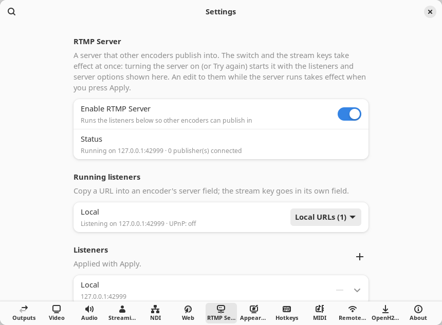 Settings, RTMP Server page with the server enabled, a listener and a stream key (Linux)