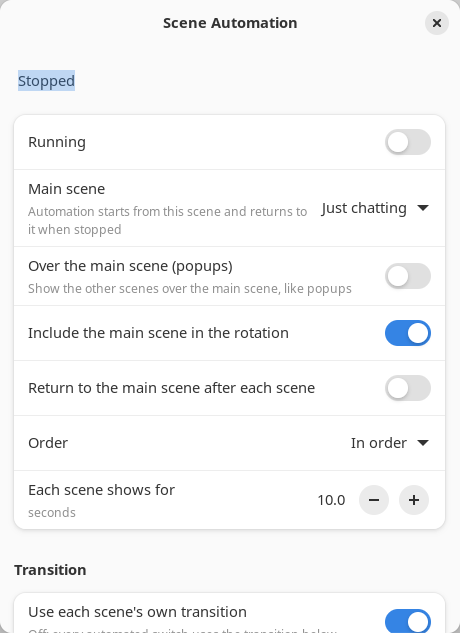 The Scene Automation window with a main scene, three scenes ticked in order and a ten-second dwell (Linux)