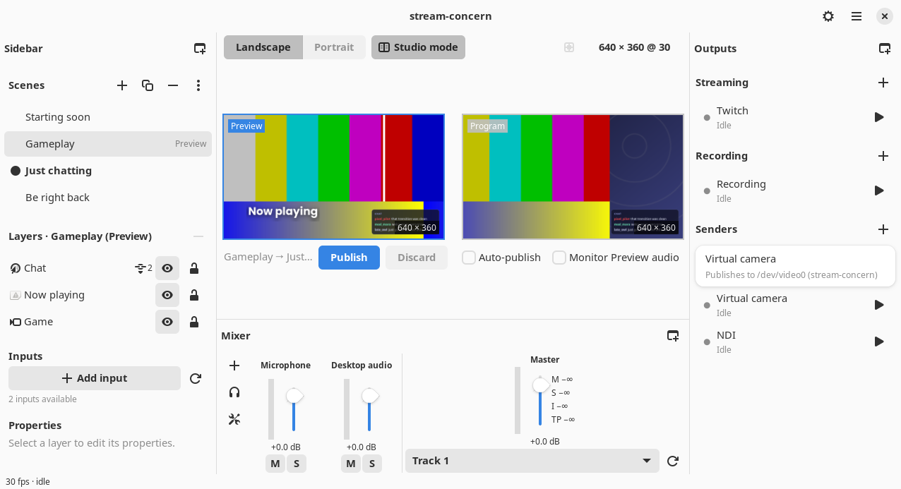 Studio mode: Preview on the left with an edited scene, Program on the right, and Publish under them (Linux)