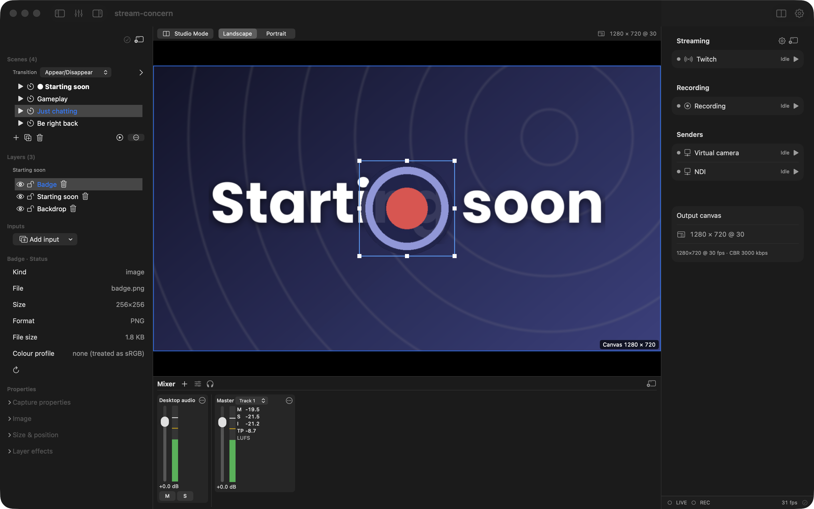 After: the image layer has moved above the text layer in the list and now covers it on the canvas (macOS)