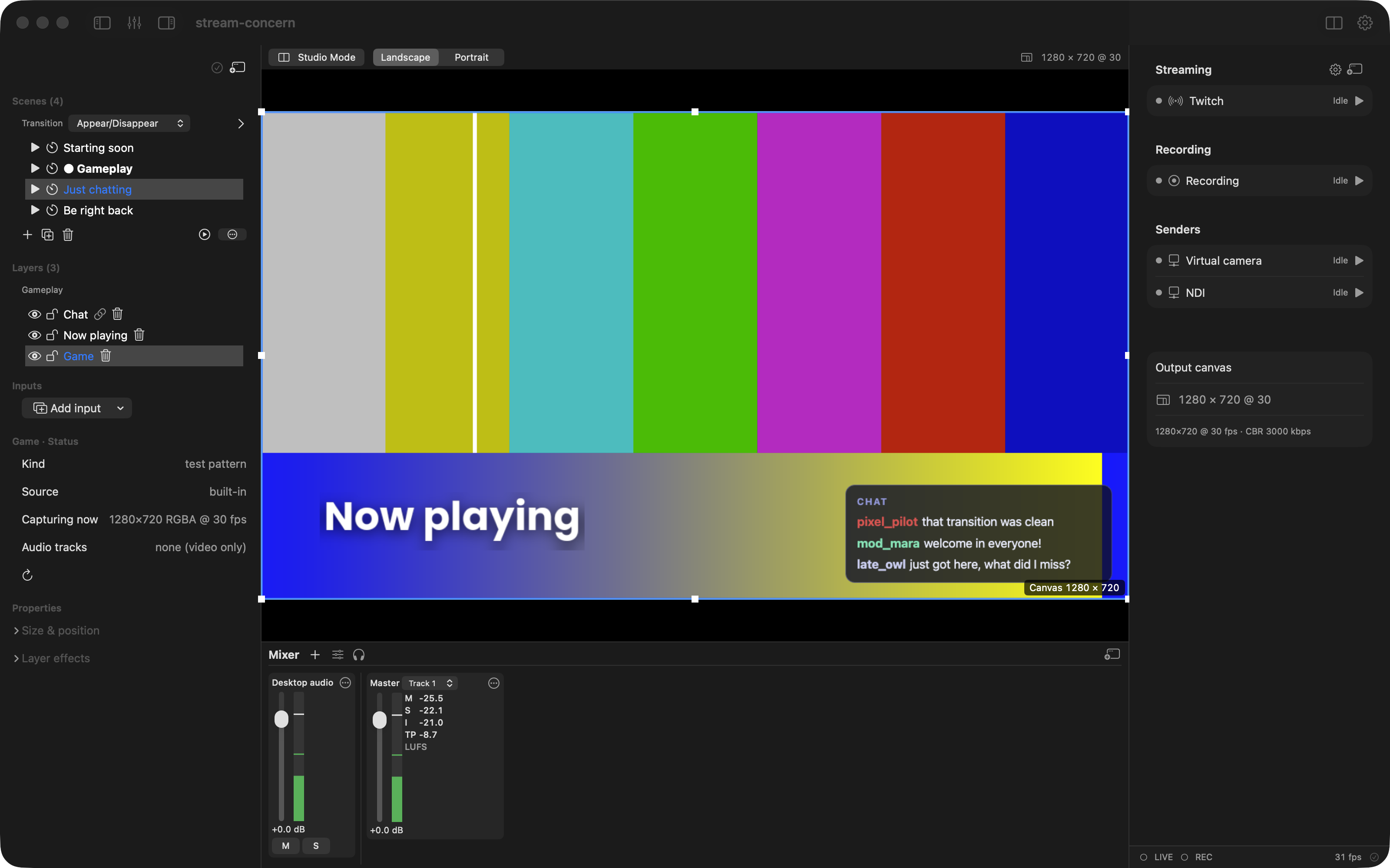 A scene's layer list with one layer selected, its properties in the inspector and its outline on the canvas (macOS)