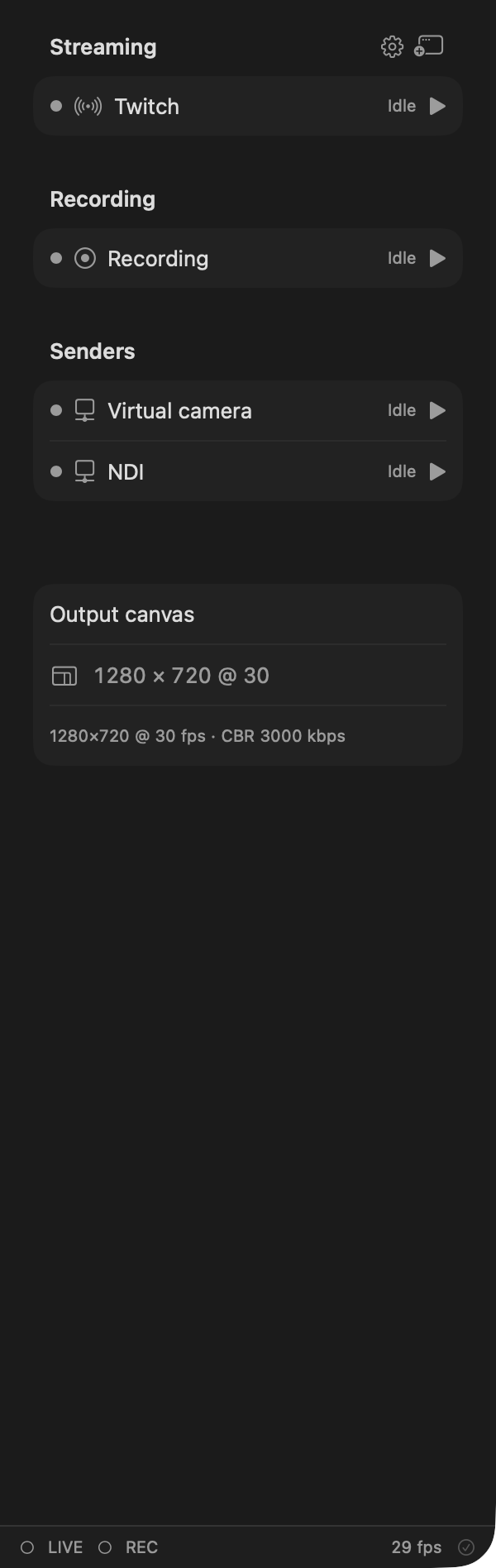The Outputs column's Senders group with the NDI output row (macOS)