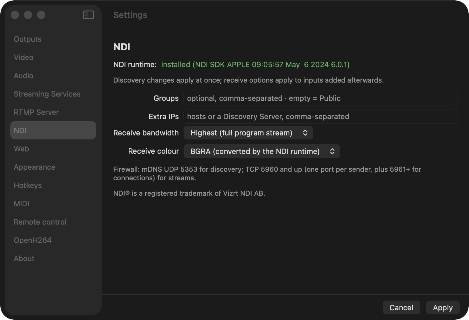 Settings, NDI page: the runtime status line, Groups, Extra IPs and the receive options (macOS)