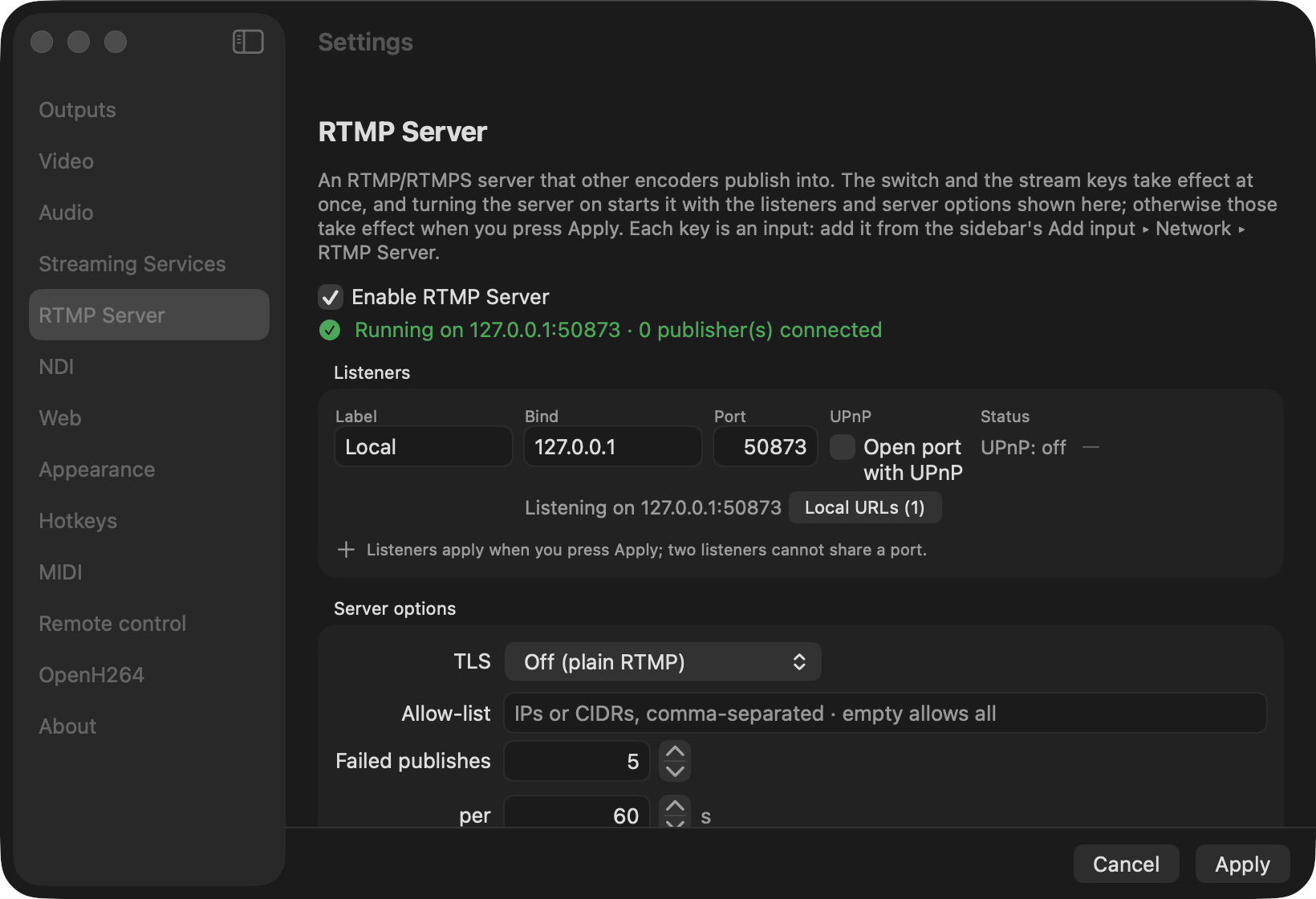 Settings, RTMP Server page with the server enabled, a listener and a stream key (macOS)