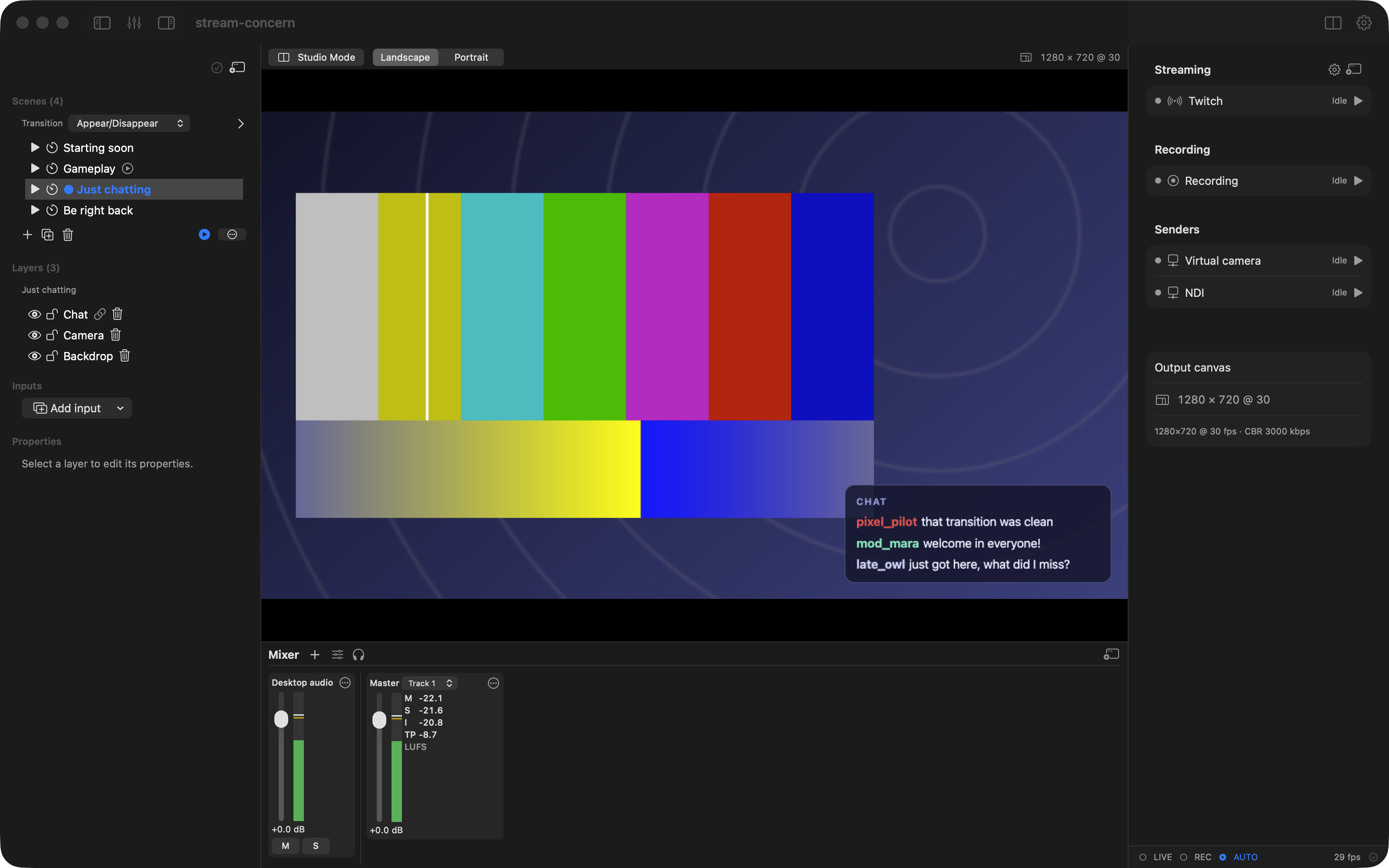 The scene list while scene automation runs, with the next scene badged and AUTO in the status bar (macOS)