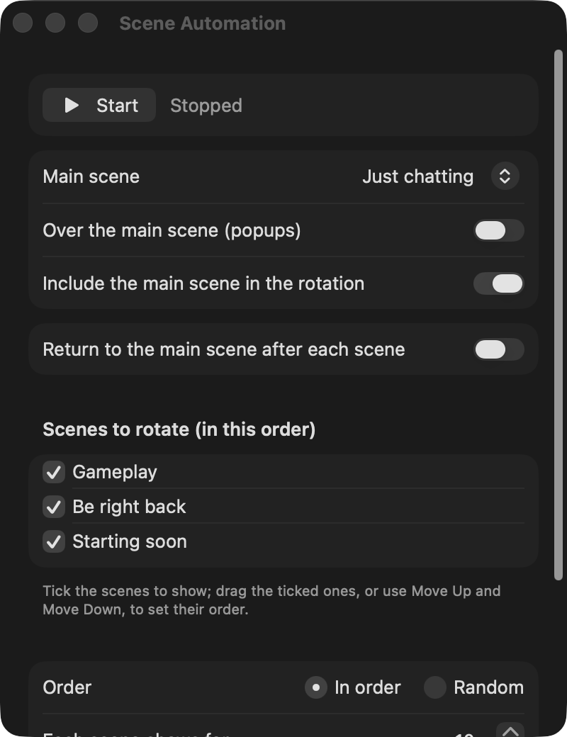 The Scene Automation window with a main scene, three scenes ticked in order and a ten-second dwell (macOS)