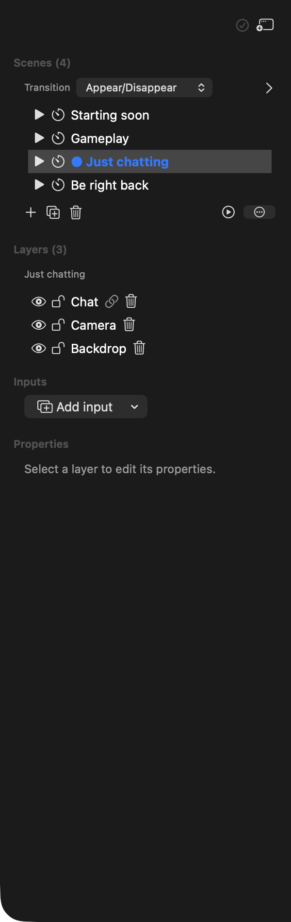 The scene list with four named scenes, the one on Program marked (macOS)