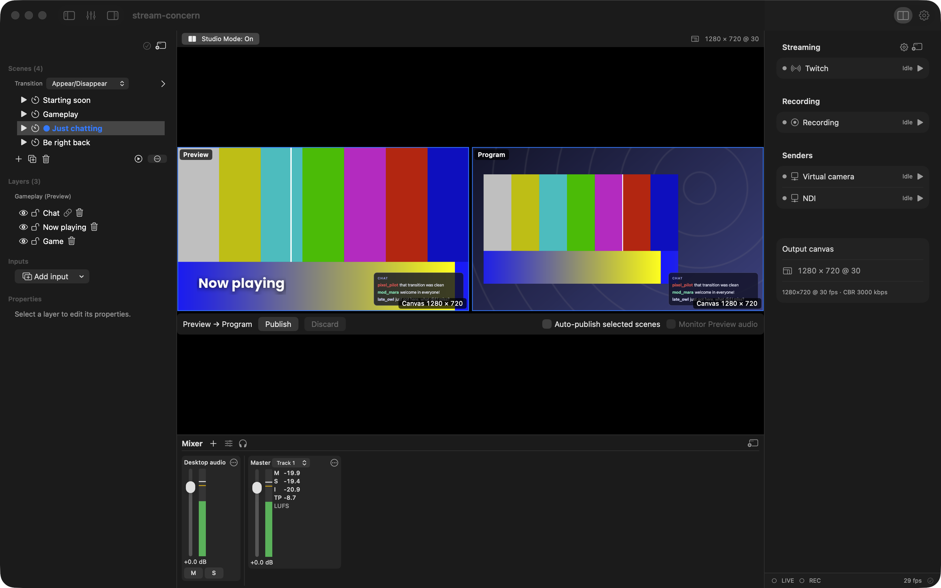 Studio mode: Preview on the left with an edited scene, Program on the right, and Publish under them (macOS)