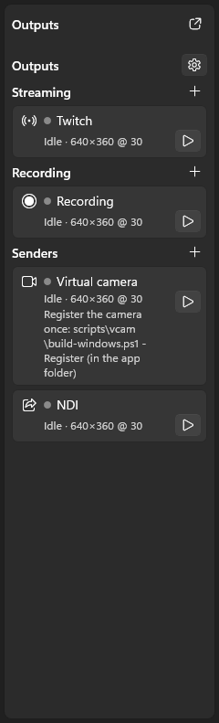 The Outputs column's Senders group with the NDI output row (Windows)