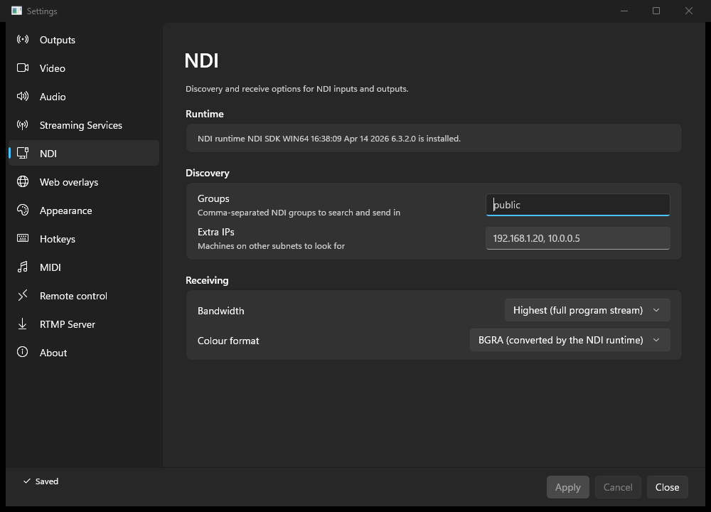 Settings, NDI page: the runtime status line, Groups, Extra IPs and the receive options (Windows)