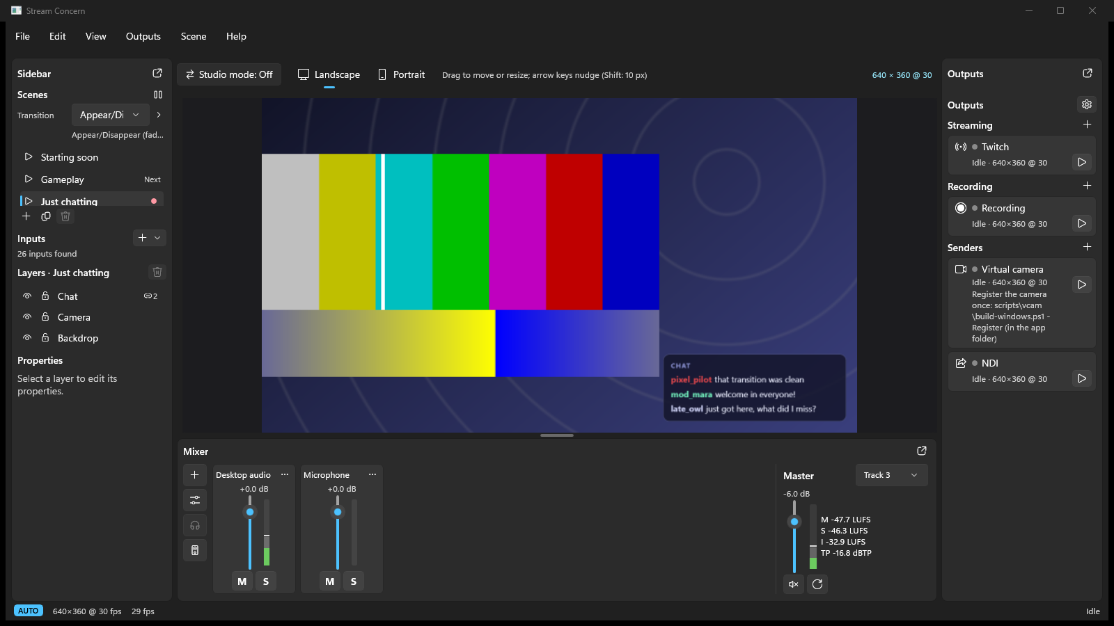 The scene list while scene automation runs, with the next scene badged and AUTO in the status bar (Windows)