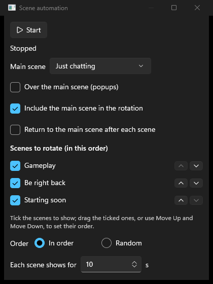 The Scene Automation window with a main scene, three scenes ticked in order and a ten-second dwell (Windows)