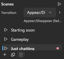 The scene list with four named scenes, the one on Program marked (Windows)
