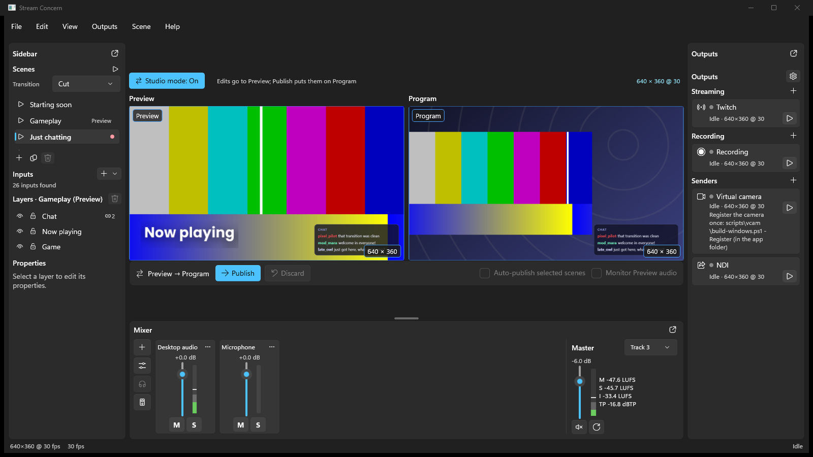 Studio mode: Preview on the left with an edited scene, Program on the right, and Publish under them (Windows)